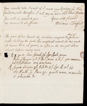 Letters from Mordecai Cary (d. 1751), Jurin's pupil, later Bishop of Clonfert, Cloyne and Killala, concerning the treatment of Cary's wife for a breast lump (including notes on her case by Jurin), and literary interests.