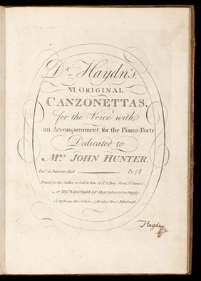 Dr. Haydn's VI original canzonettas : for the voice with accompaniment for the pianoforte dedicated to Mrs John Hunter.