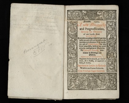 Frende. 1593. A new almanacke and prognostication, seruing for the yeere of our Lorde God. M.D. XCIII. : Composed according to lawfull and lawdable art, and referred specially to the meridian and eleuation of the northeren pole of Canterburie, but may serue vniuersally, without any great error, for most partes of Englande. / By Gabriell Frende, practitioner in Astrologie and phisicke.