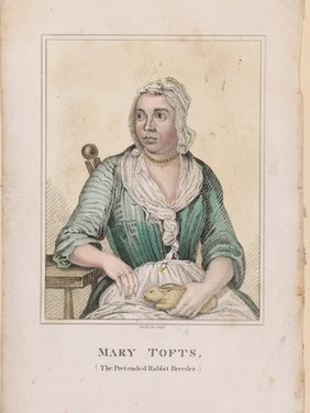 Mary Tofts, a woman who pretended that she had given birth to rabbits. Coloured stipple engraving by Maddocks, ca. 1819.