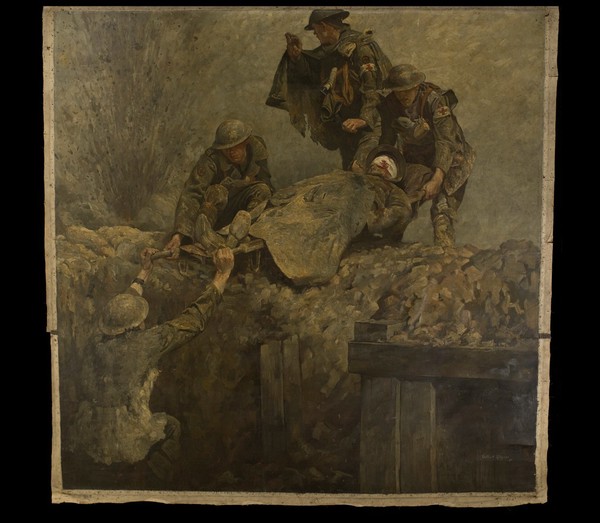 World War I: stretcher bearers of the Royal Army Medical Corps (RAMC) lifting a wounded man out of a trench. Oil painting by Gilbert Rogers, ca. 1919.