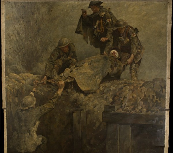 World War I: stretcher bearers of the Royal Army Medical Corps (RAMC) lifting a wounded man out of a trench. Oil painting by Gilbert Rogers, ca. 1919.