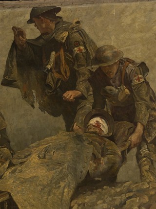 World War I: stretcher bearers of the Royal Army Medical Corps (RAMC) lifting a wounded man out of a trench. Oil painting by Gilbert Rogers, ca. 1919.