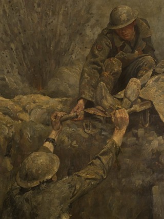 World War I: stretcher bearers of the Royal Army Medical Corps (RAMC) lifting a wounded man out of a trench. Oil painting by Gilbert Rogers, ca. 1919.