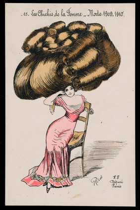 A seated woman with her hair dressed in an enormously high chignon. Coloured line block by Robé, ca. 1909.