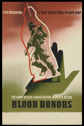 A soldier within a blood-flask, referring to the army's need of blood-donations. Colour lithograph after Abram Games, 1943.