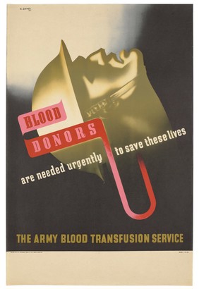 The head of a wounded soldier, tense with pain, and blood being transfused; representing the need for blood donors. Colour lithograph after A. Games, 1942.