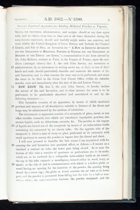 Specification of John Savory : apparatus for inhaling medicinal powders or vapours.