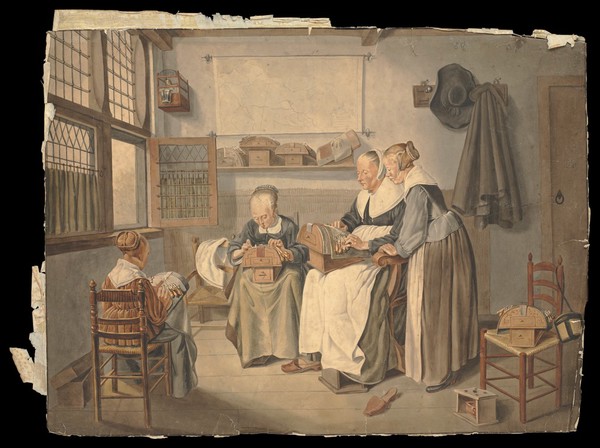 Women making lace. Watercolour after Q. van Brekelenkam.