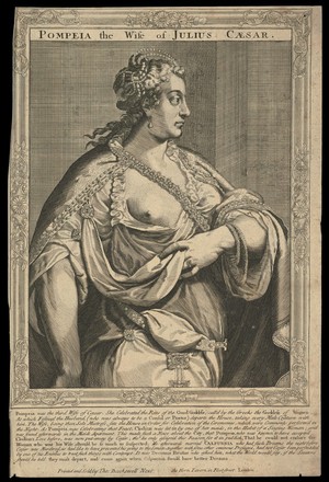 view Pompeia, wife of Julius Caesar. Line engraving, 16--, after A. Sadeler after Titian.