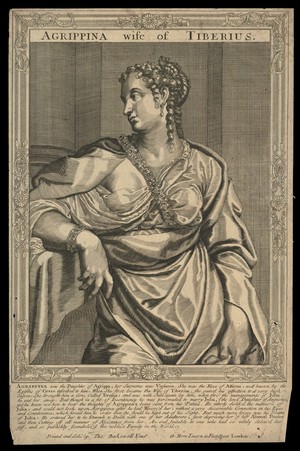 view Vipsania Agrippina, wife of Tiberius Caesar. Line engraving, 16--, after A. Sadeler after Titian.