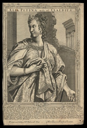 view Aelia Paetina, wife of Claudius, Emperor of Rome. Line engraving, 16--, after A. Sadeler after Titian.