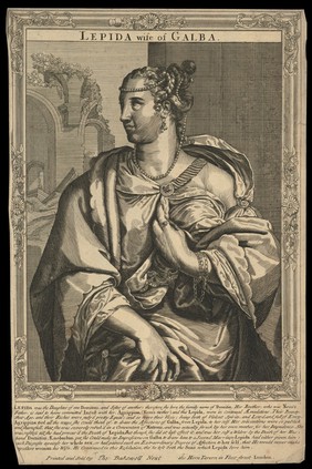 Aemilia Lepida, wife of Galba, Emperor of Rome. Line engraving, 16--, after A. Sadeler after Titian.