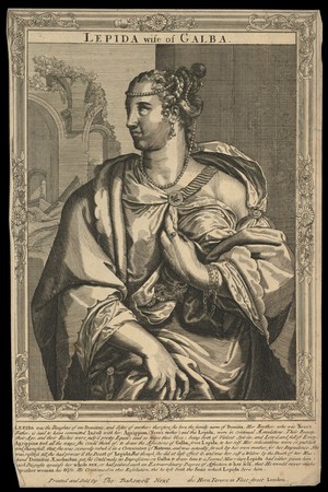 view Aemilia Lepida, wife of Galba, Emperor of Rome. Line engraving, 16--, after A. Sadeler after Titian.