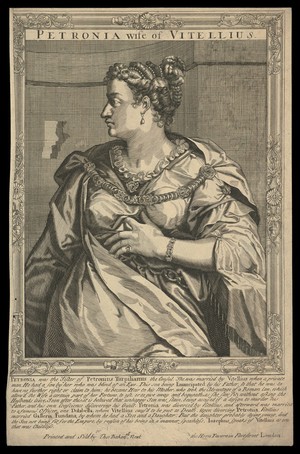 view Petronia, wife of Vitellius, Emperor of Rome. Line engraving, 16--, after A. Sadeler after Titian.