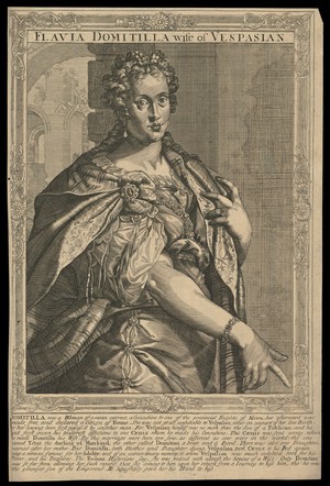 view Flavia Domitilla, wife of Vespasian, Emperor of Rome. Line engraving, 16--, after A. Sadeler after Titian.