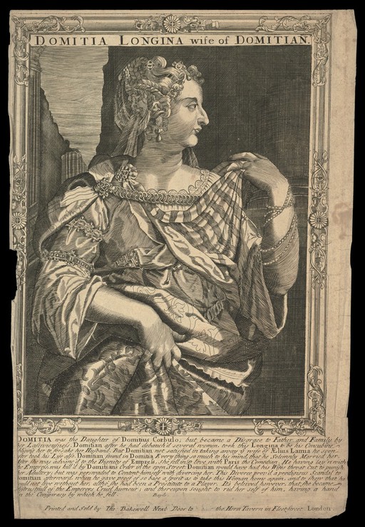Domitia Longina, wife of Domitian, Emperor of Rome. Line engraving, 16--, after A. Sadeler after Titian