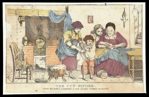 view A boy has cut his finger which is being treated by his mother; two other siblings hold him back while he resists. Coloured etching (?) after D. Wilkie, 18--.