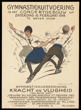 World War I: a gymnastic performance in Amsterdam for the benefit of wounded French soldiers. Colour lithograph by A. Ost, 1918.