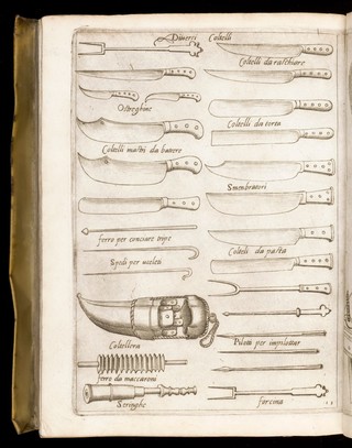 Opera ... divisa in sei libri. Nel primo si contiene il ragionamento che fa l'Autore con Gio[vanni] suo discepolo. Nel secondo si tratta di diverse vivande di carne ... Nel terzo si parla ... de pesci. Nel quarto si mostrano le liste del presentar le vivande in tavola ... Nel quinto si contiene l'ordine di far diverse sorti di paste ... Nel sesto ... si ragiona de' convalescenti, et molte altre sorti di vivande per gli infermi. Con il discorso funerale che fu fatto nelle essequie di Papa Paulo III. Con le figure che fanno bisogna nella cucina, et alli Reverendissimi nel Conclave / [Bartolomeo Scappi].