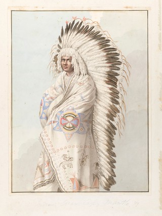 Native North American costume: a man wearing a decorated robe and a feather headdress. Watercolour attributed to Thomas Bateman.