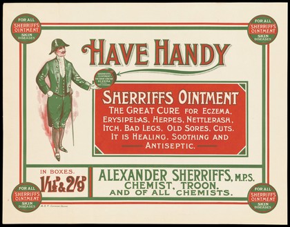 A Scottish sheriff, advertising Sherriffs ointment for skin diseases. Colour lithograph.