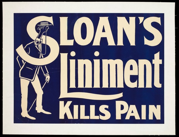A foppish man looking at an advertisement for Sloan's Liniment. Colour lithograph, 19--.