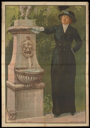 view A married woman attending a health resort as a cover for a love-affair does not drink the curative water but pours it back into the basin of a fountain. Colour lithograph, 1914.