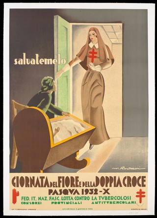 A mother appeals to a tuberculosis nurse to save her baby son from tuberculosis. Colour lithograph by N. Rettroni [? name indistinct], 1932.