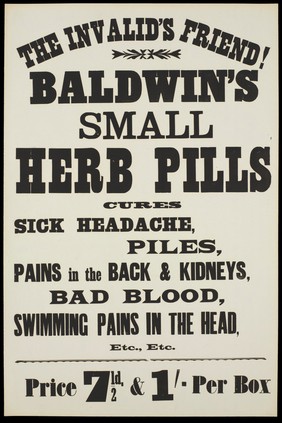 Baldwin's Small Herb Pills: advertisement. Lithograph, 19--.