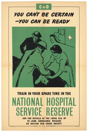 view Members of the British National Hospital Service Reserve attending to someone who has been injured; advertising recuitment to the National Hospital Service Reserve. Colour lithograph, 1951 (?).