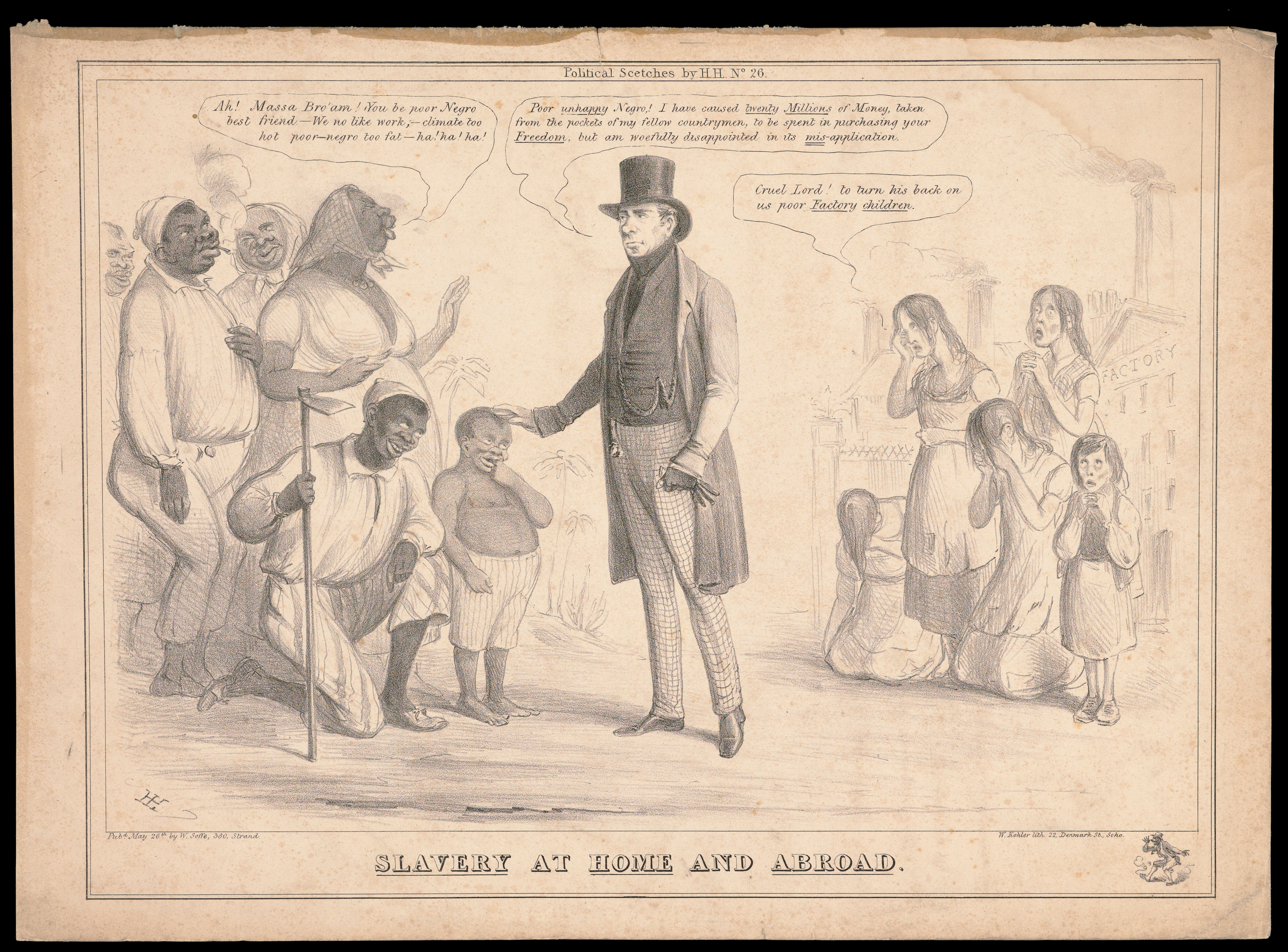 Henry Brougham Is Praised By Black Ex Slaves For His Part In Their Liberation But Criticized By Children Factory Employees On Whom He Turns His Back Lithograph By H H Henry Heath Wellcome