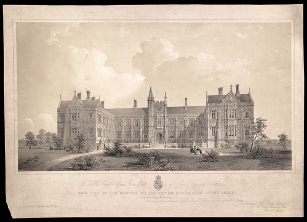 The Hospital for Consumption, Brompton Road, Fulham: viewed from the road. Lithograph by T. G. Dutton after F. J. Francis, 1844.