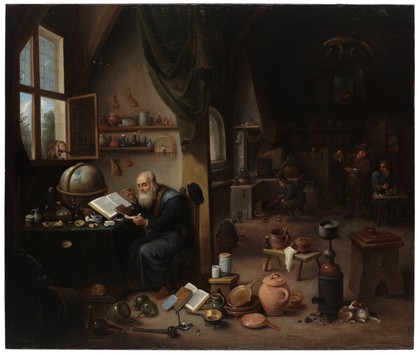 An alchemist in his laboratory. Oil painting by a follower of David Teniers the younger.