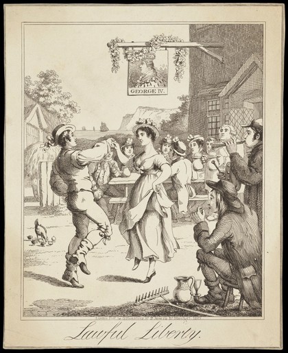 A man and woman dance outside a tavern named after George IV, a man plays a pipe and people sit drinking decorously. Etching by T. Lane (?), 1822, after J. Gillray.
