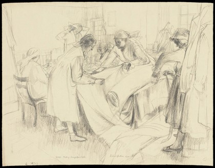 World War II: members of the Women's Voluntary Services (WVS) making gauze bandages. Drawing by E. Hudson, 1942.