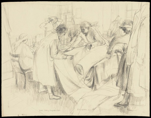 World War II: members of the Women's Voluntary Services (WVS) making gauze bandages. Drawing by E. Hudson, 1942.