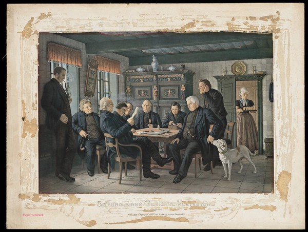A parish council meeting. Colour process print after C.L. Jessen (Jessen-Deetzbüll), 1905.