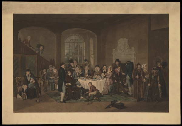 An inn at Bristol: people having breakfast before taking the stage coach. Stipple print after E.V. Rippingille, 1824.