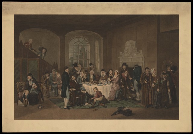 An inn at Bristol: people having breakfast before taking the stage coach. Stipple print after E.V. Rippingille, 1824.