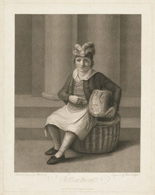 A butcher's boy, seated on a basket, holding a large piece of meat; demonstrating attention (attentiveness). Stipple engraving by C. Knight, 1800, after S. De Koster.