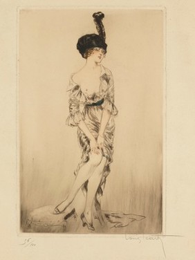 A fashionable young woman, exposing her breast and lifting her dress to take off a stocking. Colour drypoint by L. Icart, 192- (?).