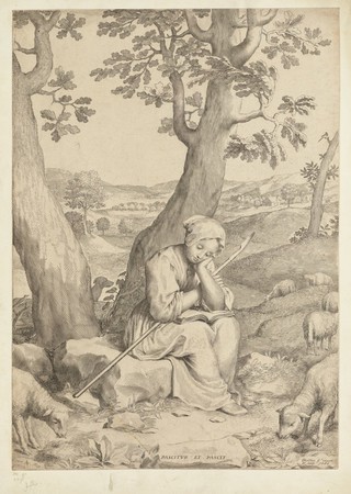 A young shepherdess reading an improving book while looking after her flock. Line engraving by C. Mellan, 1680.