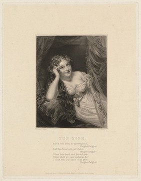 An unmarried woman approaching middle age smiles seductively at the viewer as inwardly she considers her future with foreboding. Engraving by G. Kellaway, 1828, after T. Stewardson.