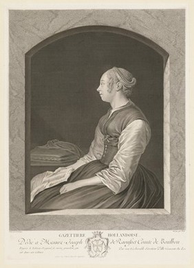 A young woman holding an Amsterdam newspaper looks away in contemplation. Line engraving by J.G. Wille, 17--, after G. ter Borch.