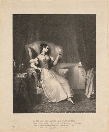 A young woman gazing at the portrait of her beloved and ignoring religion. Lithograph by R.J. Lane, 1824, after G.S. Newton.