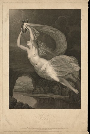 view Iris: she caries a vase through which the rays of the sun pass to form the rainbow. Engraving by G. Folo, 1814, after G. Head.