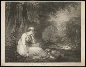 view Maria sits sadly under a tree with her dog. Stipple engraving by R. Cooper, 1808, after W. Hamilton.