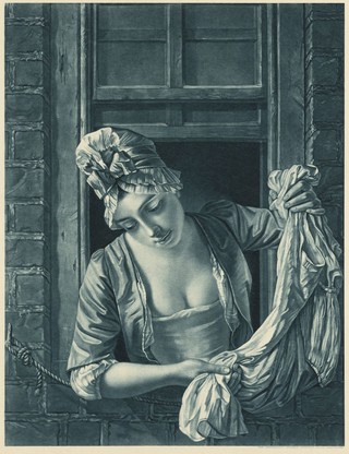 A laundry maid leaning out of a sash window to wring out a wet garment. Rotogravure by Rembrandt Intaglio Printing Co. Ltd. after P. Dawe after H. Morland.