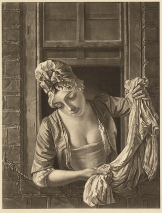 A laundry maid leaning out of a sash window to wring out a wet garment. Rotogravure by Rembrandt Intaglio Printing Co. Ltd. after P. Dawe after H. Morland.